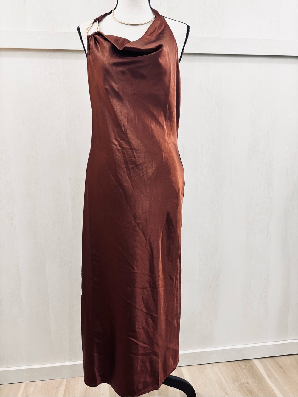 Sincerely Jules Brown Satin Shine Cowl Neck Long Formal Dress Gold Clasp